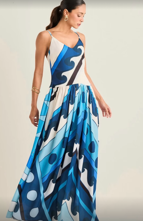 Vestido Longo Estampado Azul Abstrato